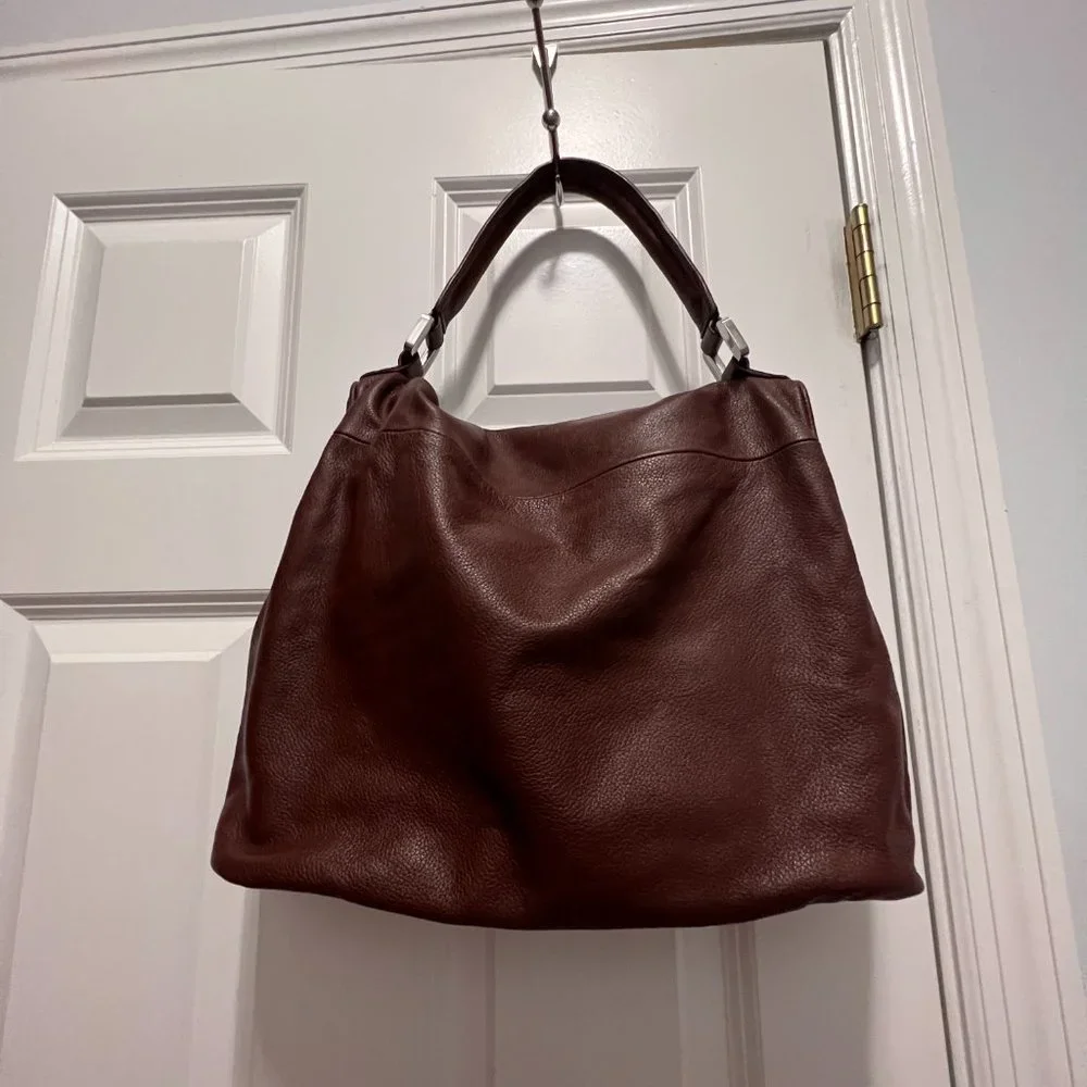 Kooba Hobo Brown Pebbled Leather Slouchy Fold Over Shoulder Bag